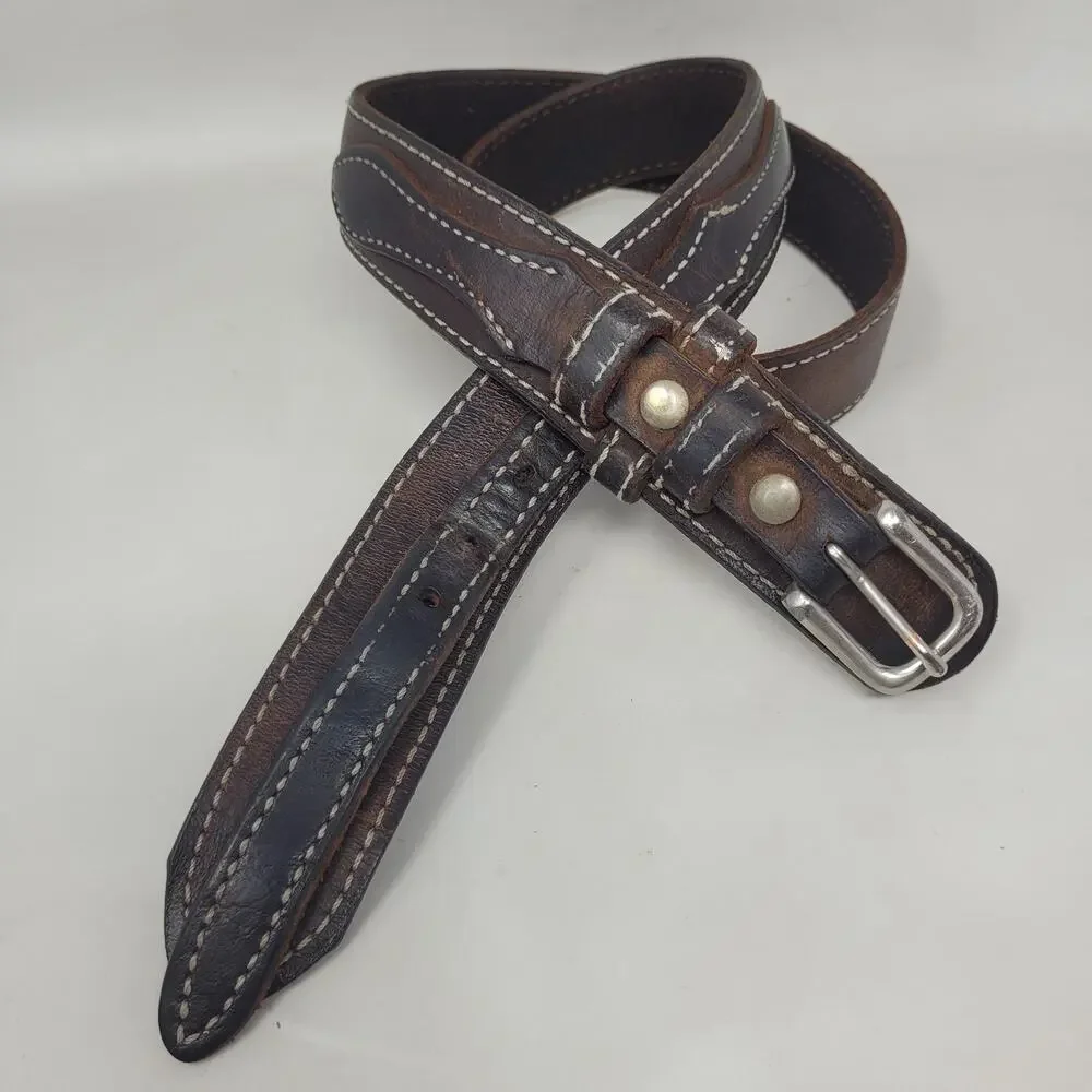 Brown Leather Belt 36 Western Contrast Stitch Double Keeper Casual Rugged Cowboy